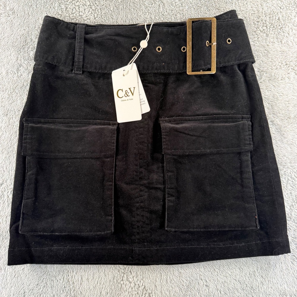 NWT Chelsea & Violet Corduroy Belted Cargo Mini Skirt Women Small Black